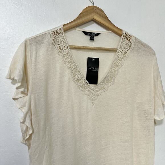 Lauren Ralph Lauren Linen Blend Jersey Flutter Sleeve Top Size XL White Cottage - Picture 3 of 6